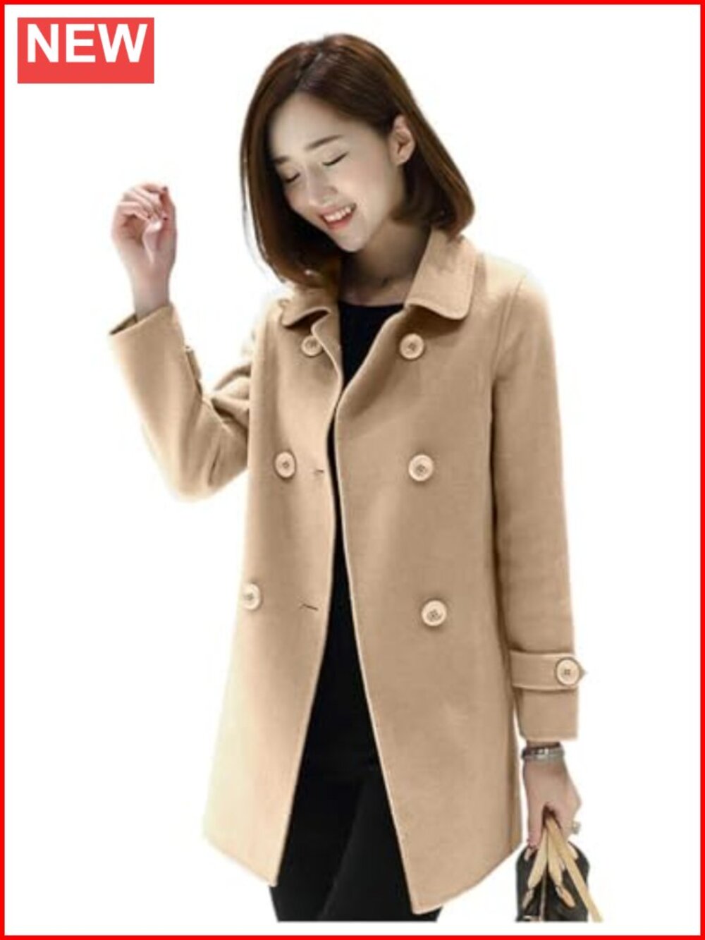 Womens Double Breasted Wool Blend Pea Coat Classic Fit Winter Jacket